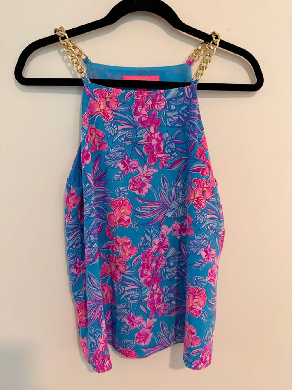 *LIKE NEW* Lilly Pulitzer SILK Blue and Pink Floral Halter Tank w/ Chain